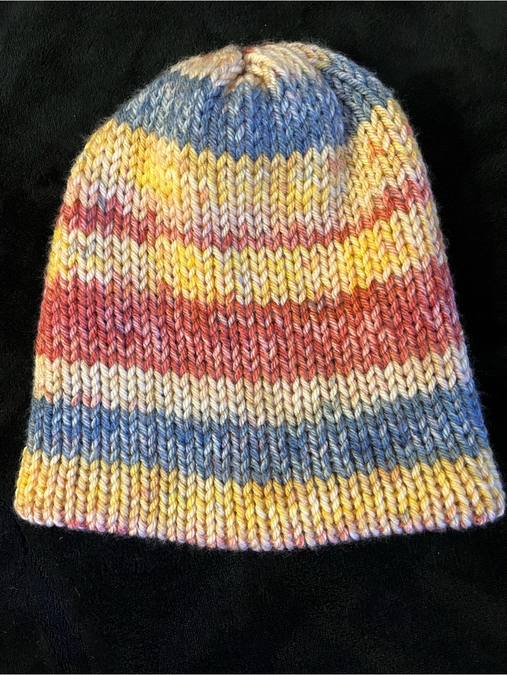 Handmade Multicolor Striped Knit Beanie - Yellow, Blue, Red
